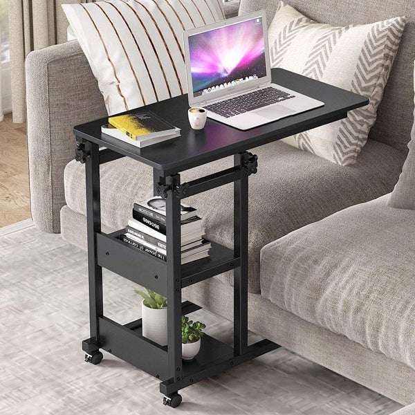 Height Adjustable C Table with Storage Shelves and Wheels， Mobile Sofa Side Table End Table Snack Table