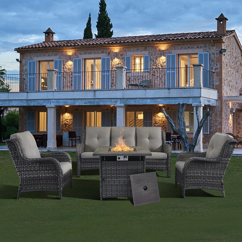 Patio Outdoor Wicker Sofa Set with Fire Pit Table