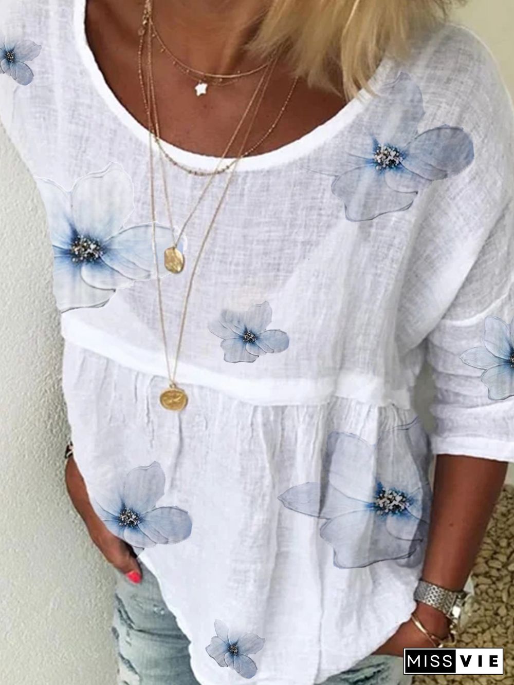 Floral Casual Cotton-Blend Crew Neck Tops