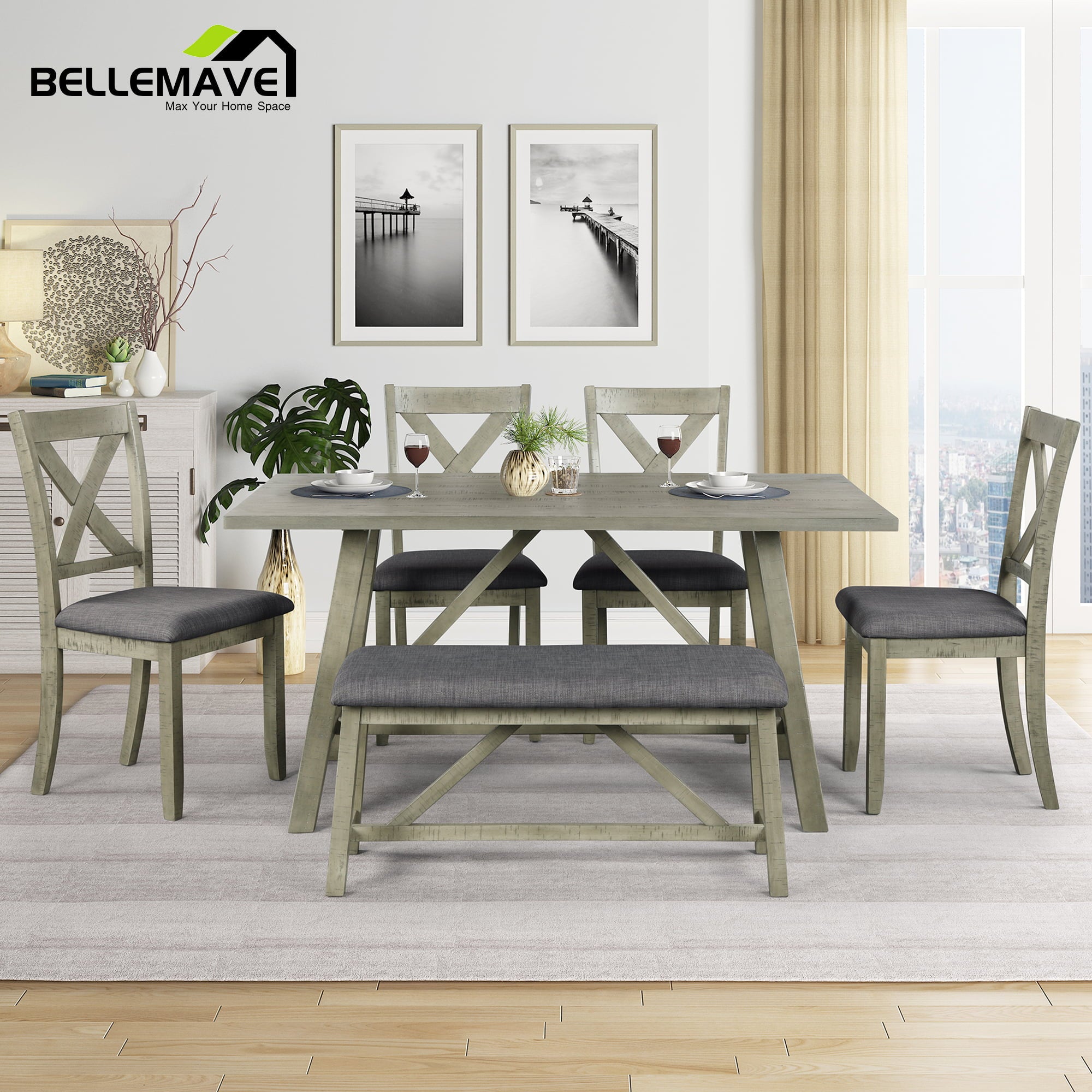 Bellemave Modern 6 Piece Dining Table Set, Wood Counter Height Dining Table with 4 Chairs and a Bench, Kitchen Table Set for 6 Persons, Green