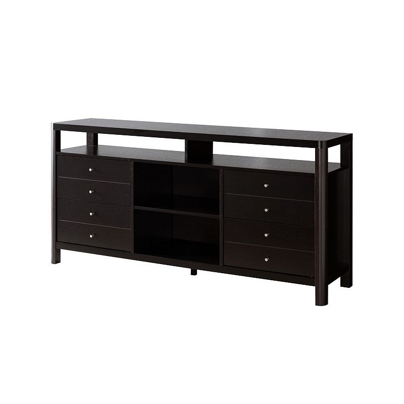 60 Inches 8 Drawer TV Stand with Open Compartments， Brown