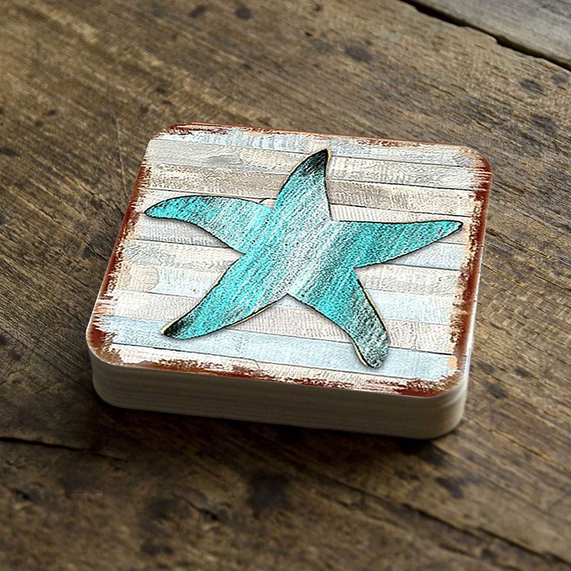 Starfish Coastal Wooden Cork Coasters Gift Set of 4 by Nature Wonders