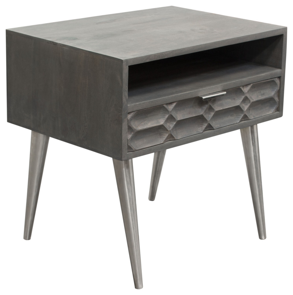 Petra Solid Mango Wood 1 Drawer Accent Table  Smoke Gray Finish With Nickel Legs   Midcentury   Side Tables And End Tables   by VirVentures  Houzz