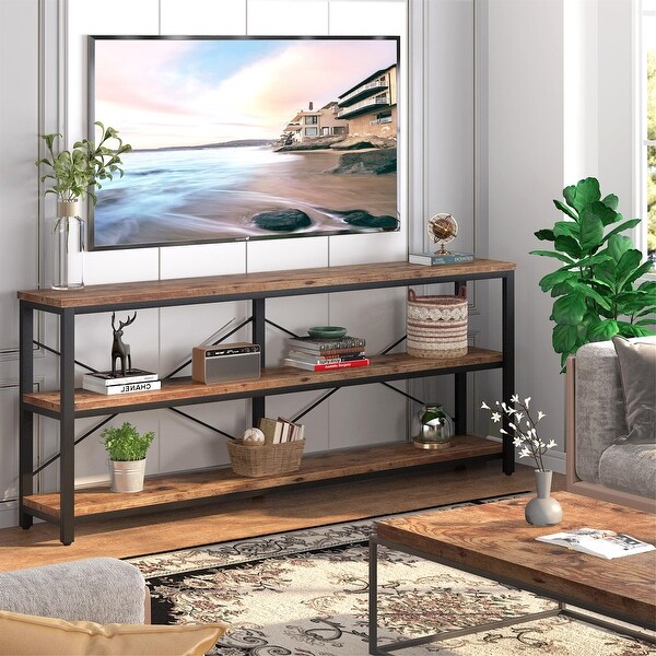 Brown Industrial Extra Long Console Sofa Table，White/ Gold 3 Tiers TV Stand