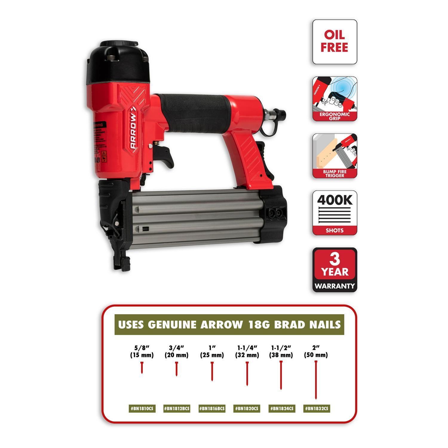 Arrow PT18G 18 Gauge Oil-Free Pneumatic Brad Nail Gun