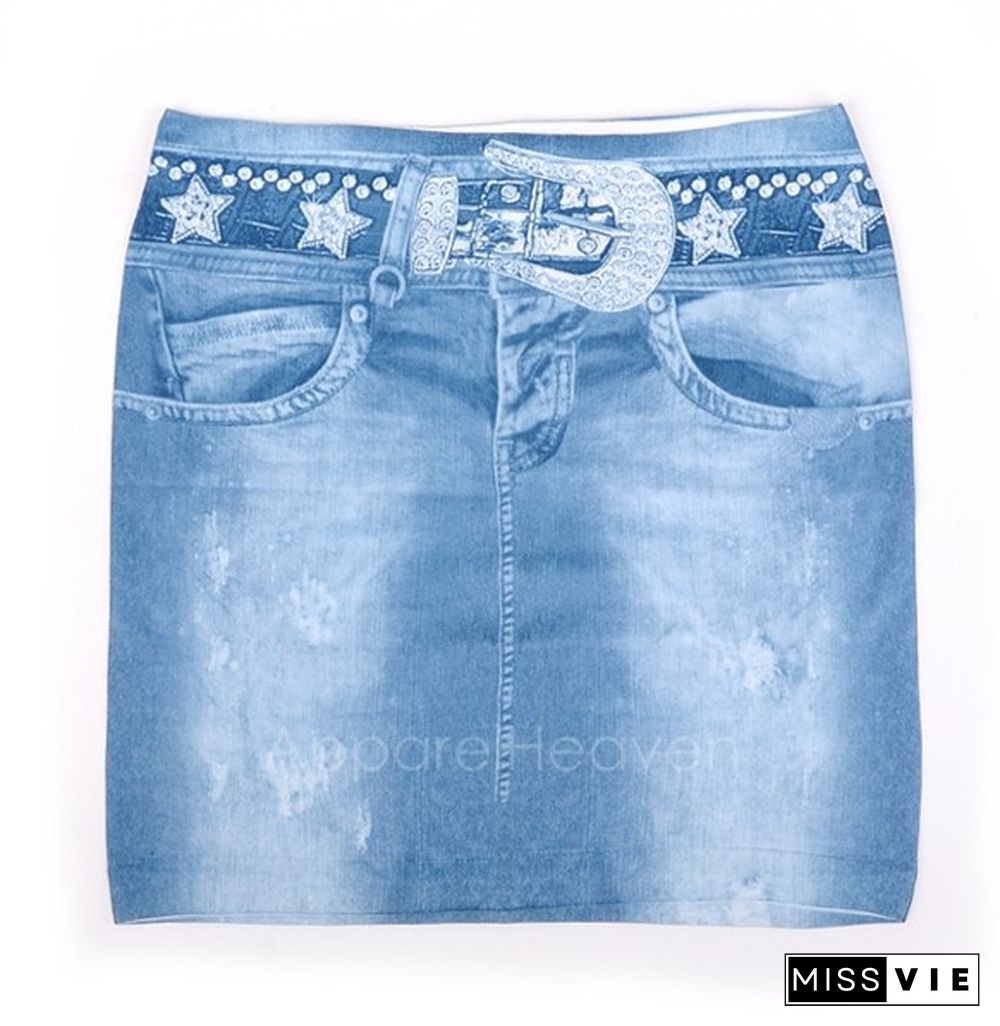 Sexy Ladies Blue Skinny Jeans Elastic Imitation Denim Bag Hip Short Mini Skirt AP