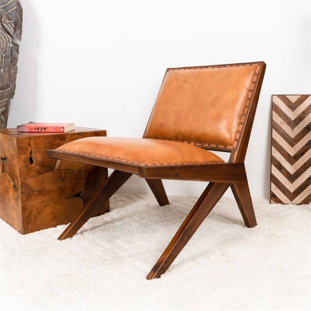 Saban Mid Century Modern Furniture Style Wide Top Leather Tan Comfy Armchair   Midcentury   Armchairs And Accent Chairs   by Homesquare  Houzz