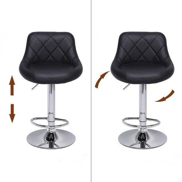 Round PU Leather Adjustable Bar Stools with Back Black (Set of 2)