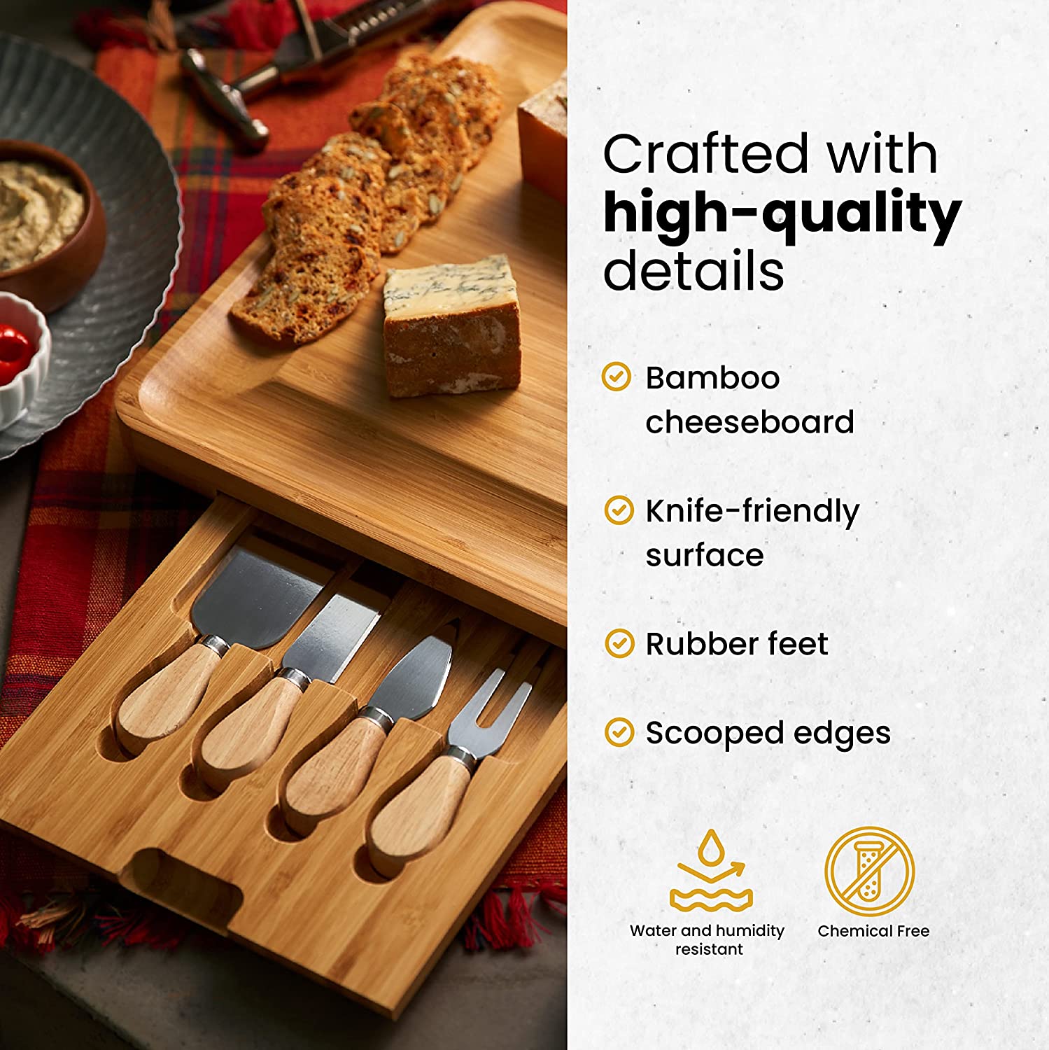 Machika Bamboo Cheese Board Set with Cutlery Knife Set (13 inches)