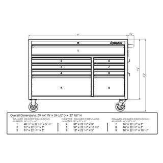 Husky 52 in. W x 25 in. D Standard Duty 9-Drawer Mobile Workbench Cabinet with Solid Wood Top in Gloss Red HOTC5209B22M