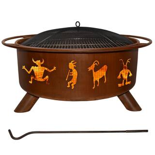 Kokopelli 29 in. x 18 in. Round Steel Wood Burning Fire Pit in Rust with Grill Poker Spark Screen and Cover F112