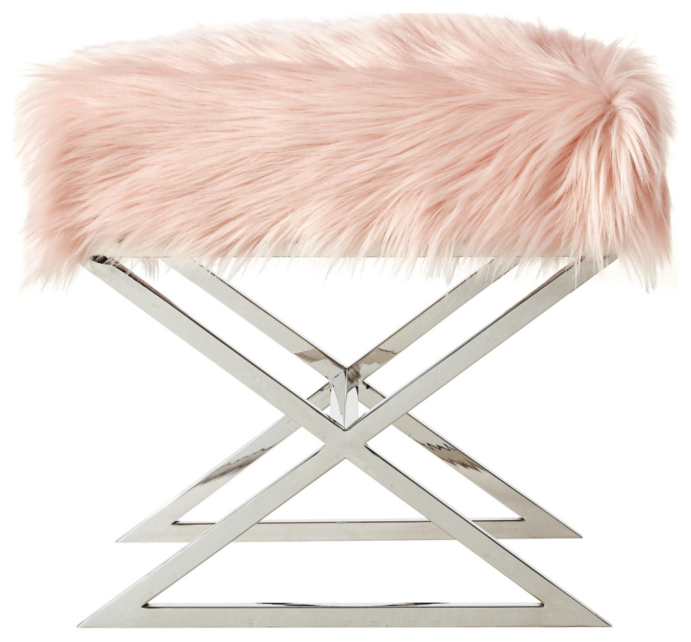 Oria Faux Fur X Leg Chrome or Gold Base Ottoman   Contemporary   Footstools And Ottomans   by Inspired Home  Houzz