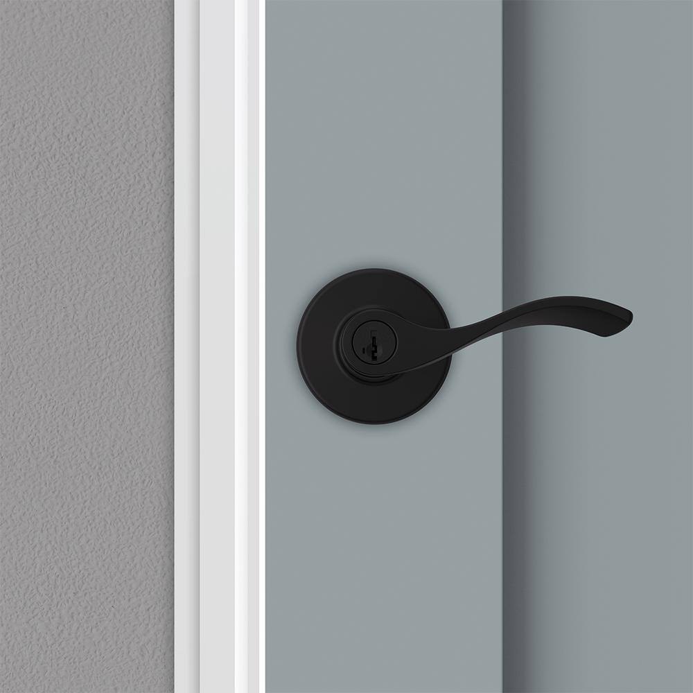 Kwikset Balboa Matte Black Keyed Entry Door Handle featuring SmartKey Security and Microban Technology 405BL514SMTK4V1