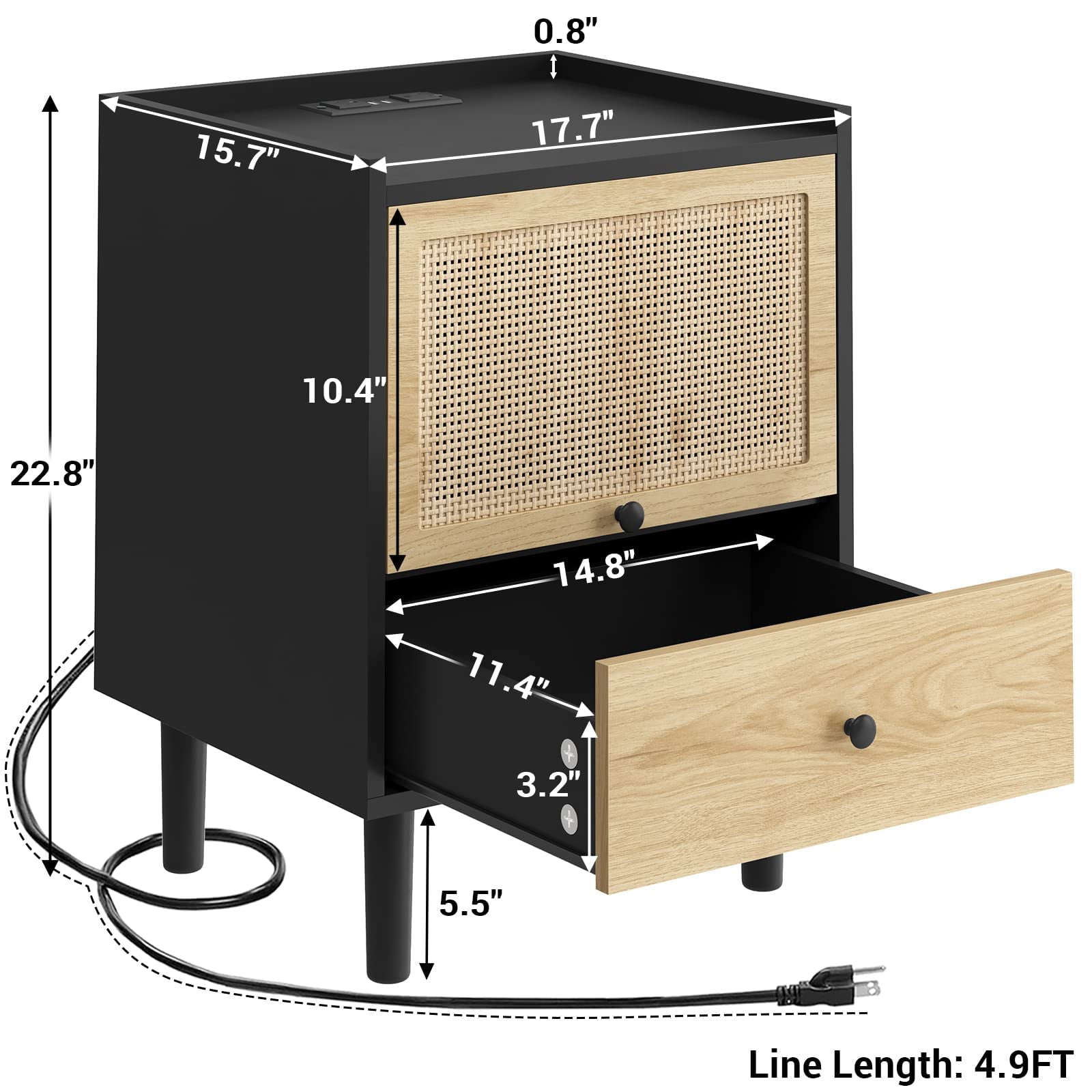 Set of 2 LED Nightstand with Charging Station, Bedside Table with Hand Made Rattan Decorated Cabinet, Black