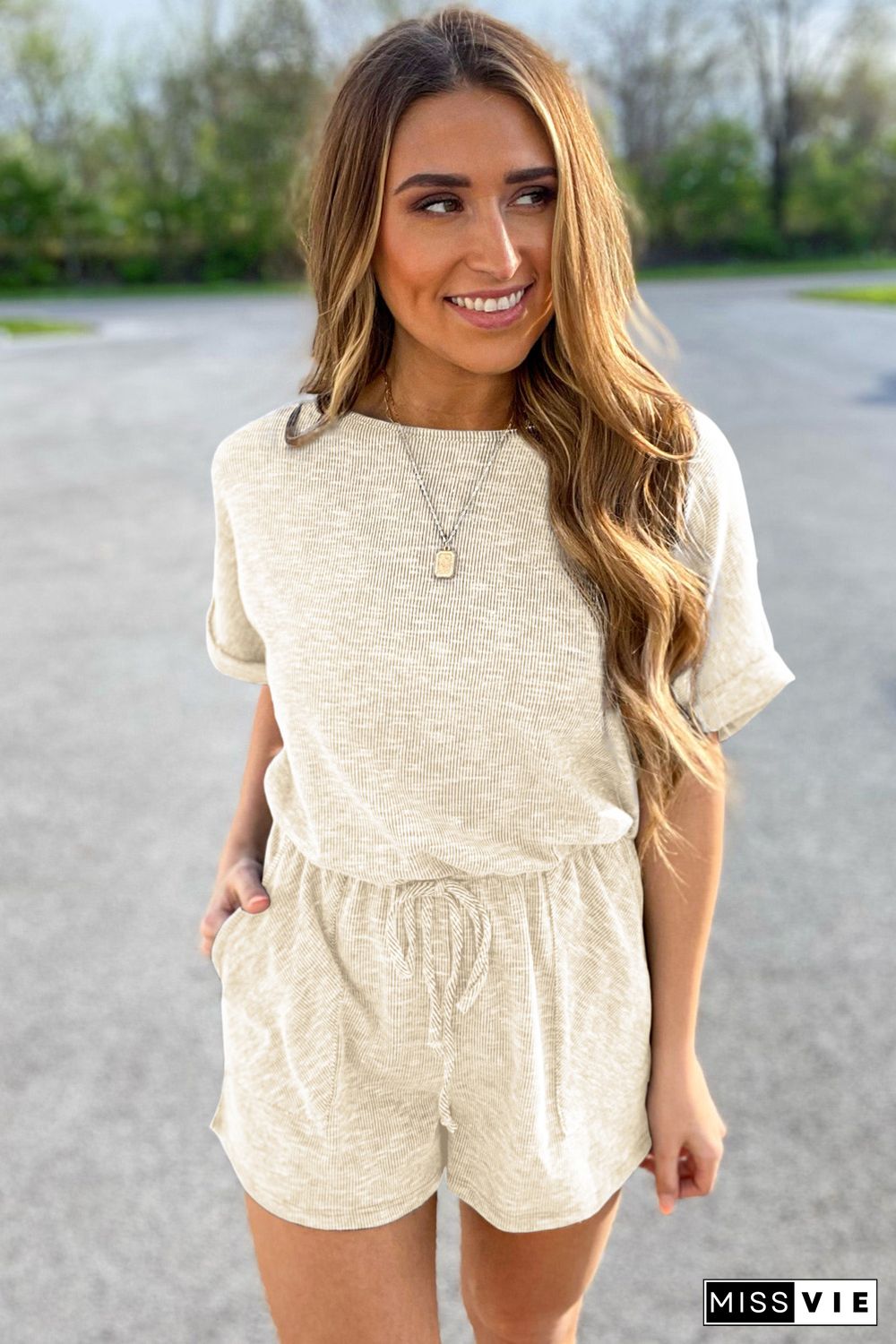 Beige Ribbed Elastic Waist Romper