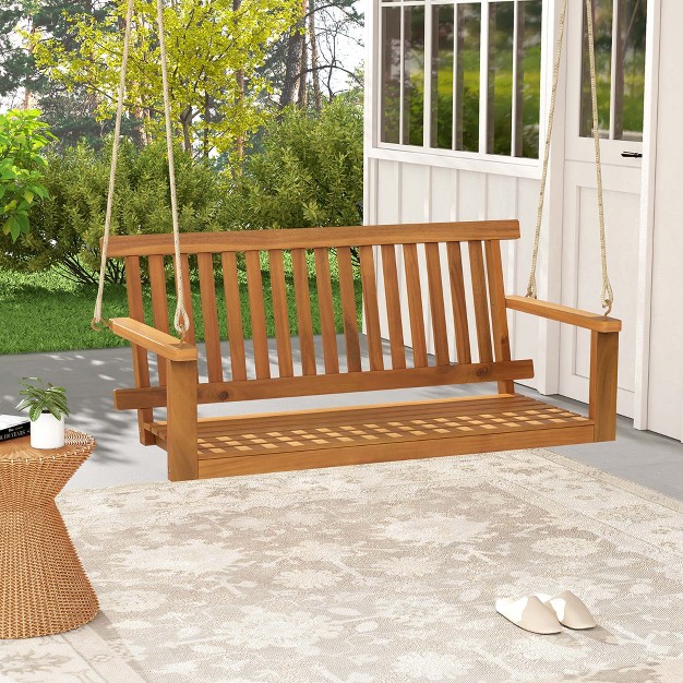 Costway 2 seat Porch Swing Bench Acacia Wood Chair With 2 Hanging Hemp Ropes For Backyard