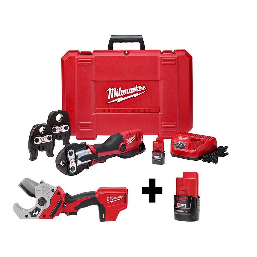 MW M12 12-Volt Lithium-Ion Force Logic Cordless Press Tool Kit (3 Jaws Included) with M12 PVC Pipe Shear and Extra Battery 2473-22-2470-20-48-11-2420