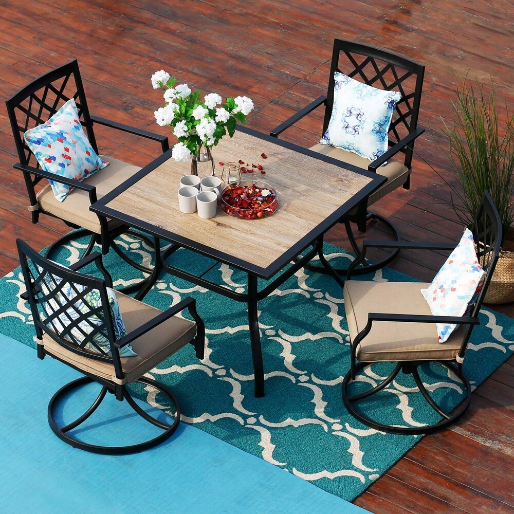 PHI VILLA 5 Piece Patio Dining Set With Swivel Chairs and Wood Like Square Table