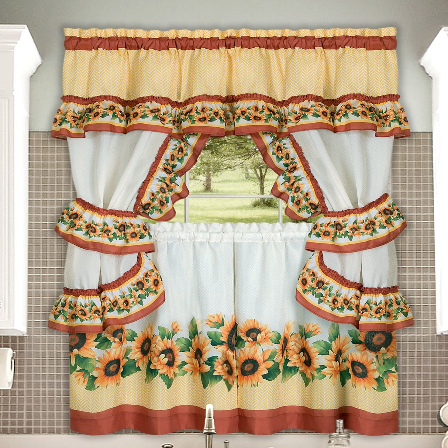 Chevron Sunflower Complete Kitchen Curtain Tier, Swag, Tiebacks & Valance Set - 36 in. Long