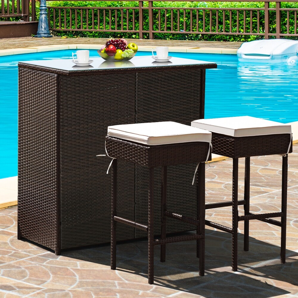 Costway 3PCS Patio Rattan Wicker Bar Table Stools Dining Set Cushioned   3 Piece Sets