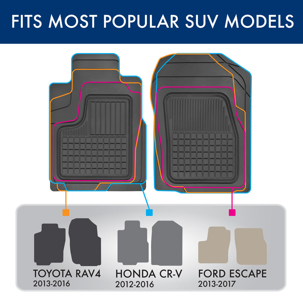 Motor Trend Performance Plus Rubber Car Floor Mats - Heavy Duty Semi-Custom All-Weather Liners - 4pc Set