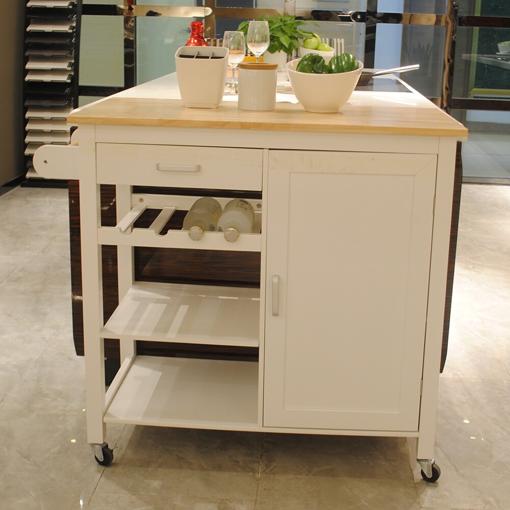 2 tier Open White Shelves Kitchen Island Cart  Movable Kitchen Shelf