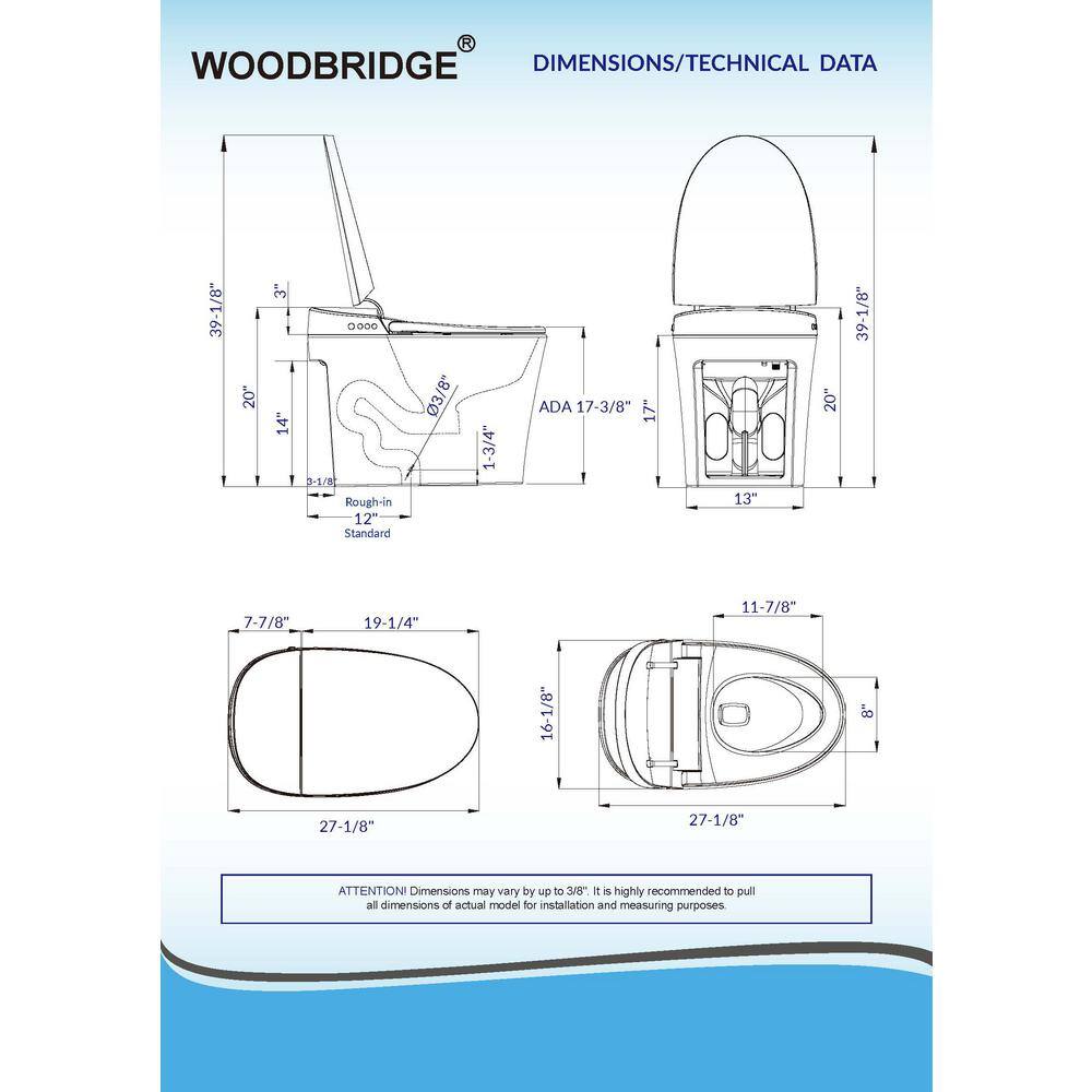 WOODBRIDGE Intelligent Chair Height 1.0 GPF 1.6 GPF Elongated Toilet in White with Auto Flush and Foot Sensor Operation HT0060