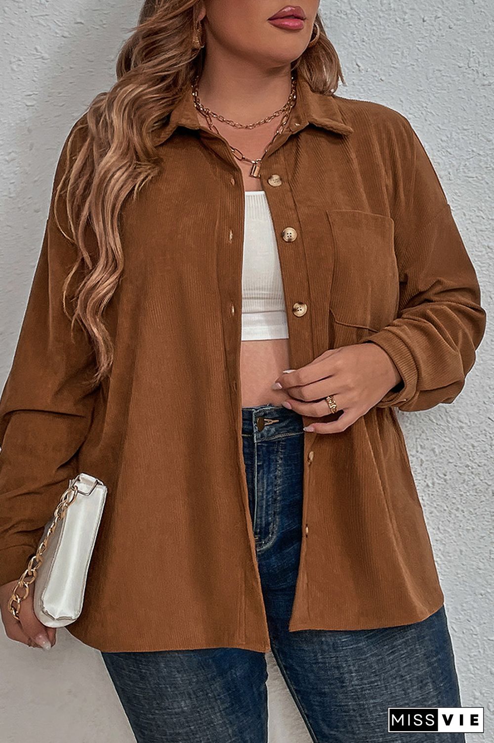 Brown Corduroy Open Button Plus Size Shirt