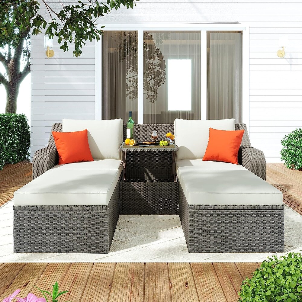 Outdoor 3 Piece Patio Wicker Sofa Furniture Sets with Cushions  Pillows  Ottomans and Lift Top Coffee Table  Beige