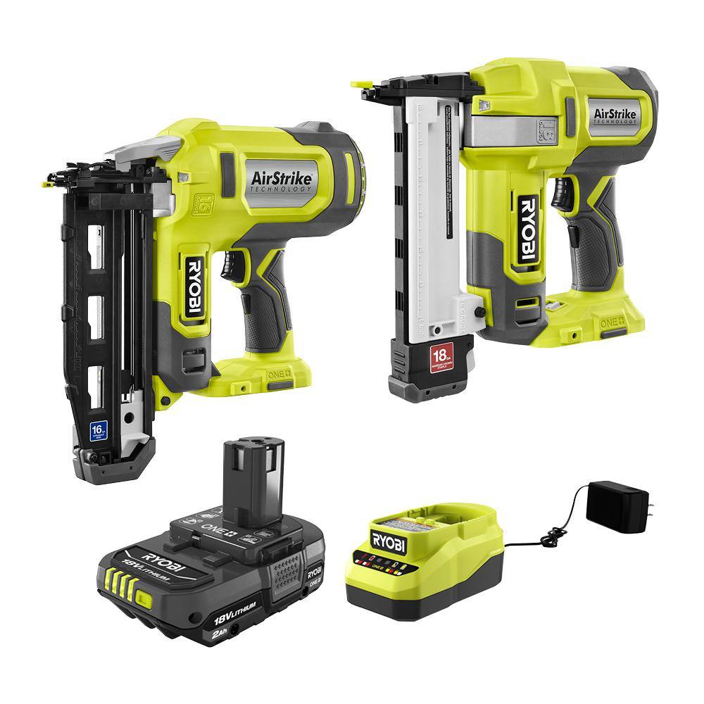 RYOBI ONE+ 18V AirStrike Cordless 16-Gauge Straight Finish Nailer w 18-Gauge Narrow Crown Stapler 2.0 Ah Battery and Charger P326-P361-PSK005