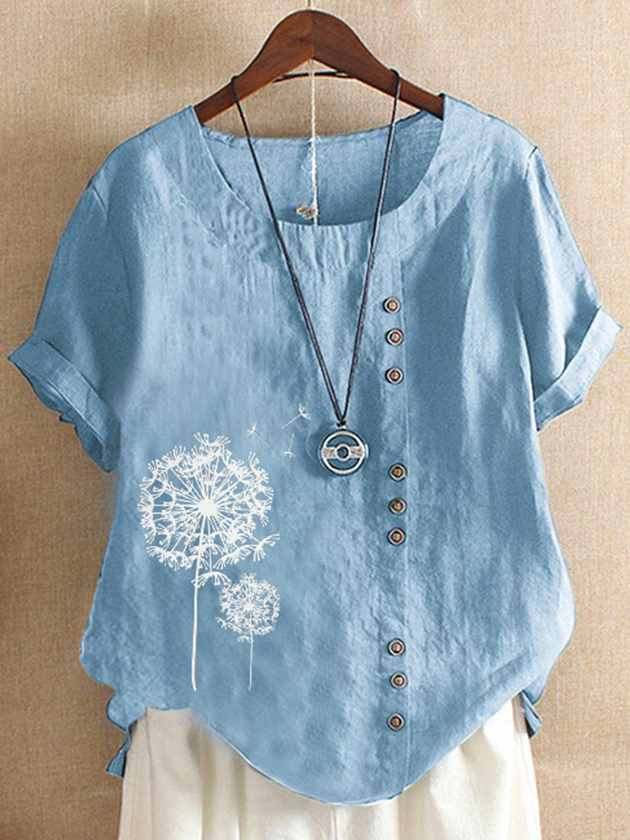 Round Neck Casual Loose Dandelion Print Short Sleeve Blouse