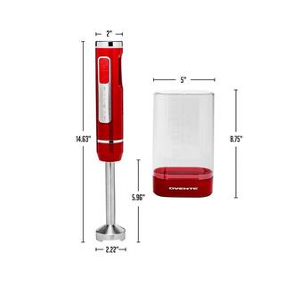 OVENTE Immersion Blender Red Stainless Steel Blades 200-Watt Cordless Rechargeable Hand Blender 8-Speed Settings HR781R