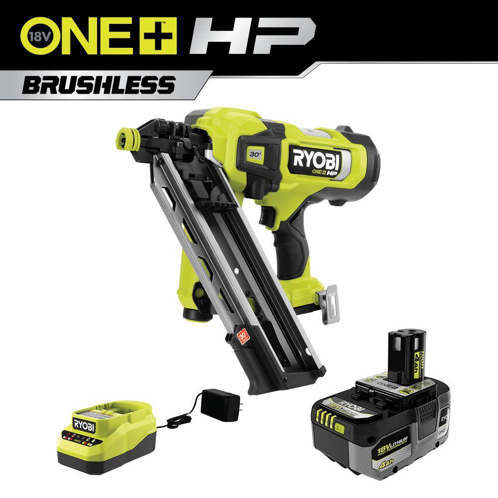 RYOBI ONE+ HP 18V Brushless Cordless AirStrike 30 Framing Nailer Kit with 4.0 Ah HIGH PERFORMANCE Battery and Charger PBL350KN