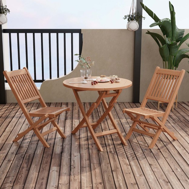 Costway 3pcs Patio Outdoor Teak Wood Bistro Dining Set Folding Chair amp Table Slatted