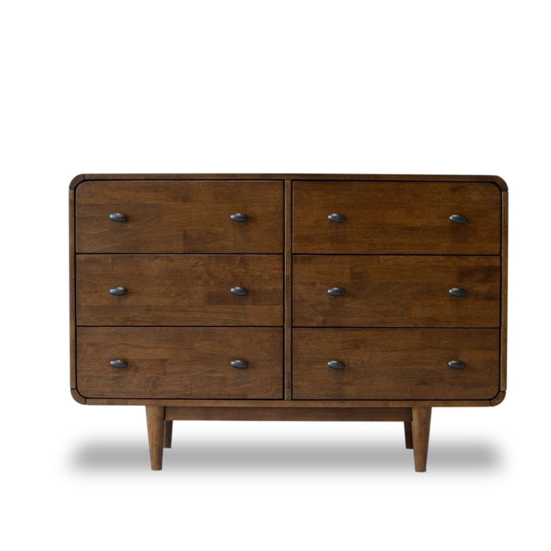 Pemberly Row Mid-Century 6-Drawer Double-Dresser Solid Wood in Brown