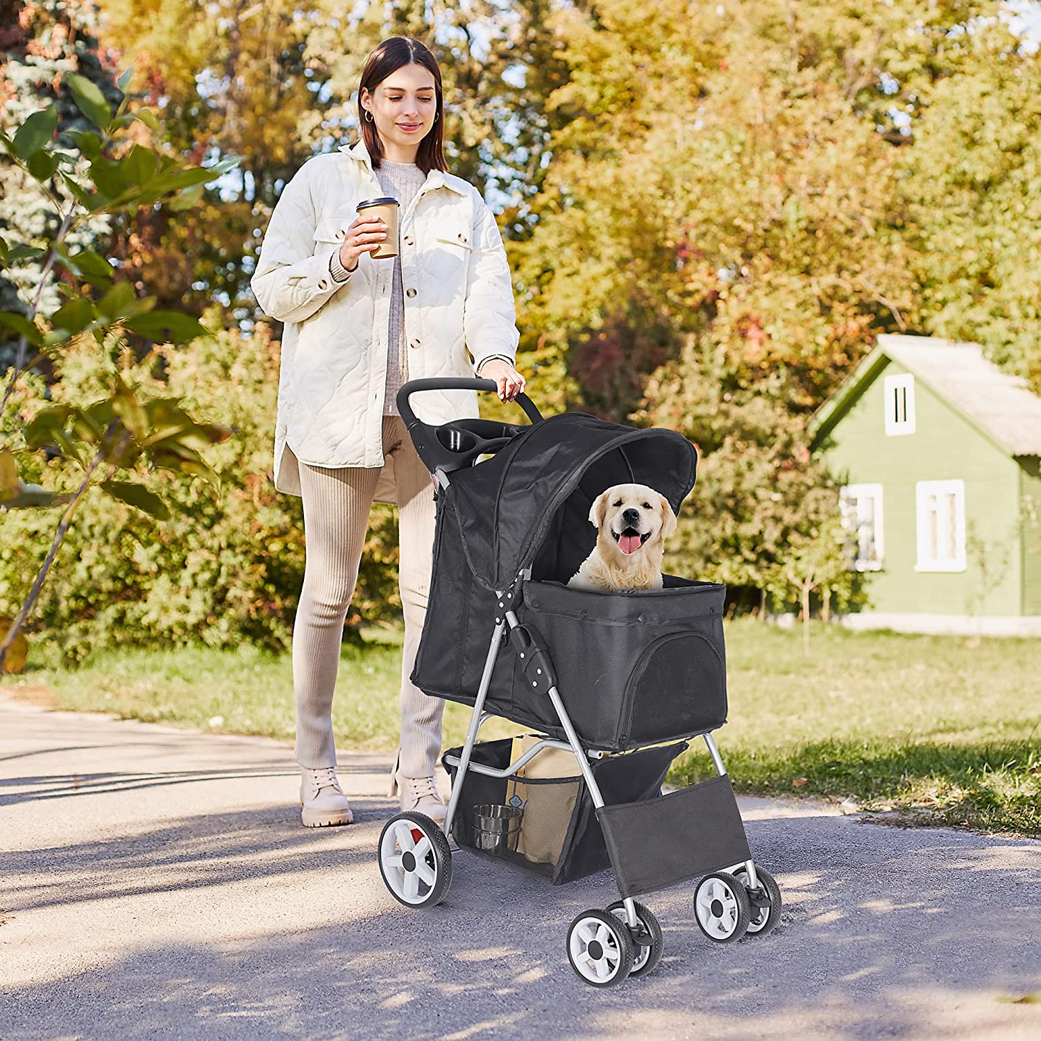 Foldable Pet Stroller， Cat/Dog Stroller with 4 Wheel， Pet Travel Carrier Strolling Cart with Storage Basket， Cup Holder， Black