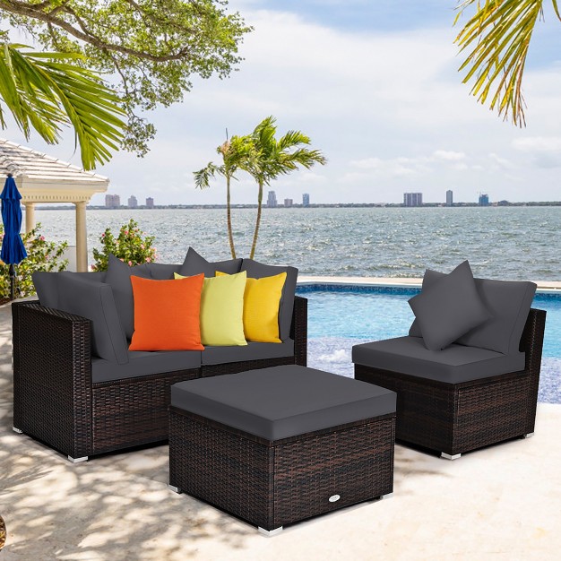 Costway 4pcs Patio Rattan Furniture Set Sofa Ottoman Cushion Garden Deck Grey