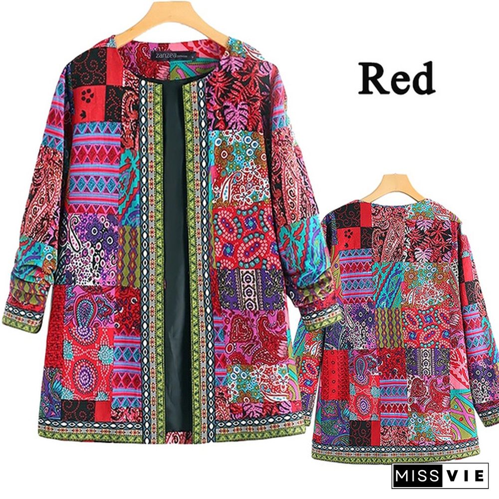 Women  Casual Loose Ethnic Open Front Cardigan Autumn Spring Fashion Floral Print Outwear JacketLong Sleeve Thin Coat Plus Size S-5XL