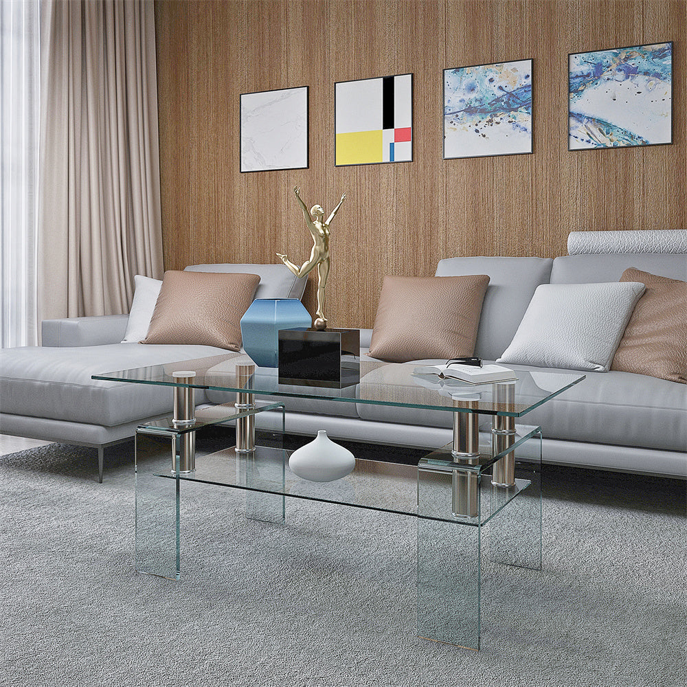 Lausatek Tempered Glass Coffee Table ,Modern Chic Stainless Steel Legs, Transparent Square Shape Tea Table with Double Shelves, Center Table Side Table for Apartment Living Room Office