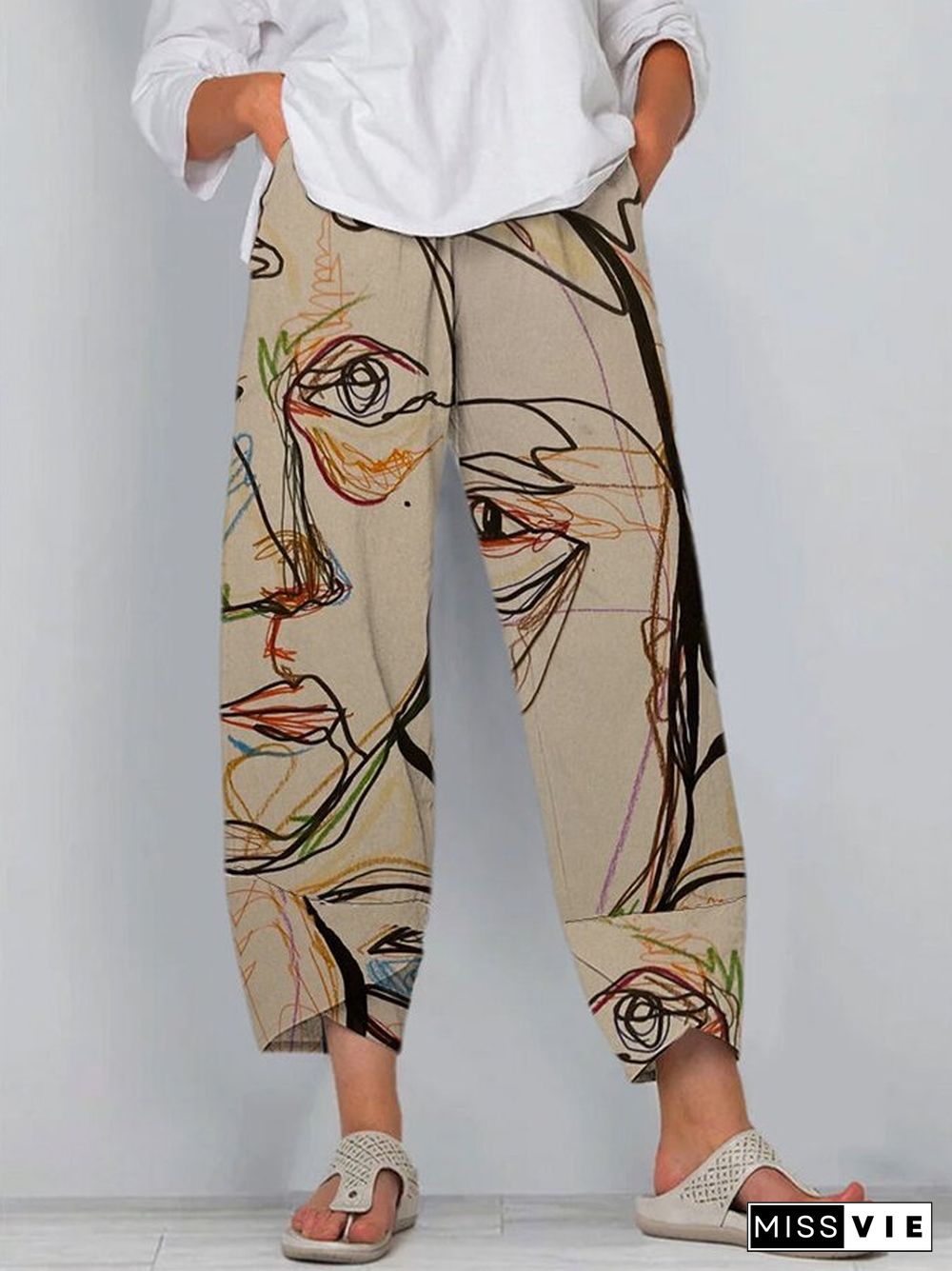 Women's Art Illustration Vintage Print Slit Hem Casual Pants With Pocket