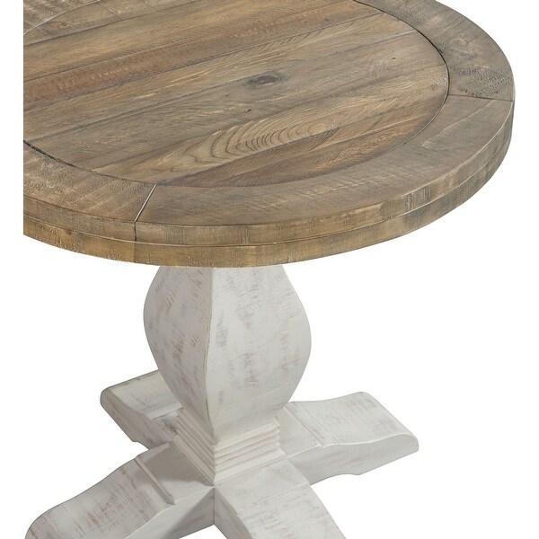 26 Inch Round End Table with Pedestal Base， Brown and White