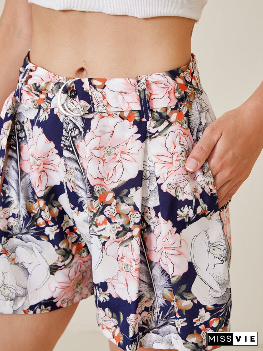 Flower Print Belt Pocket Wide Leg Shorts For Women