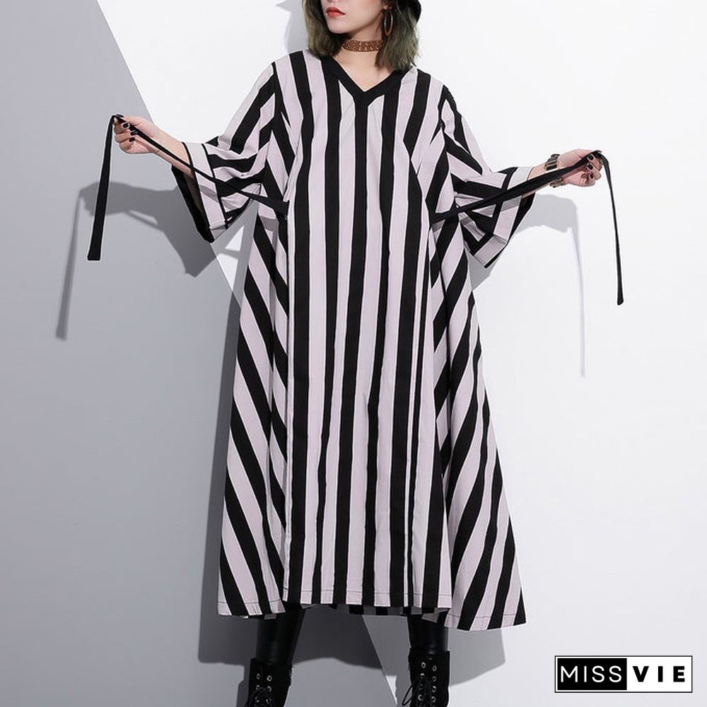 fashion striped cotton caftans Loose fitting tie waist cotton maxi dress fine v neck cotton caftans