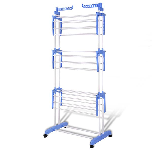 Aquaterior Laundry Folding Clothes Dryer Rack 3 Tiers w/ Casters White