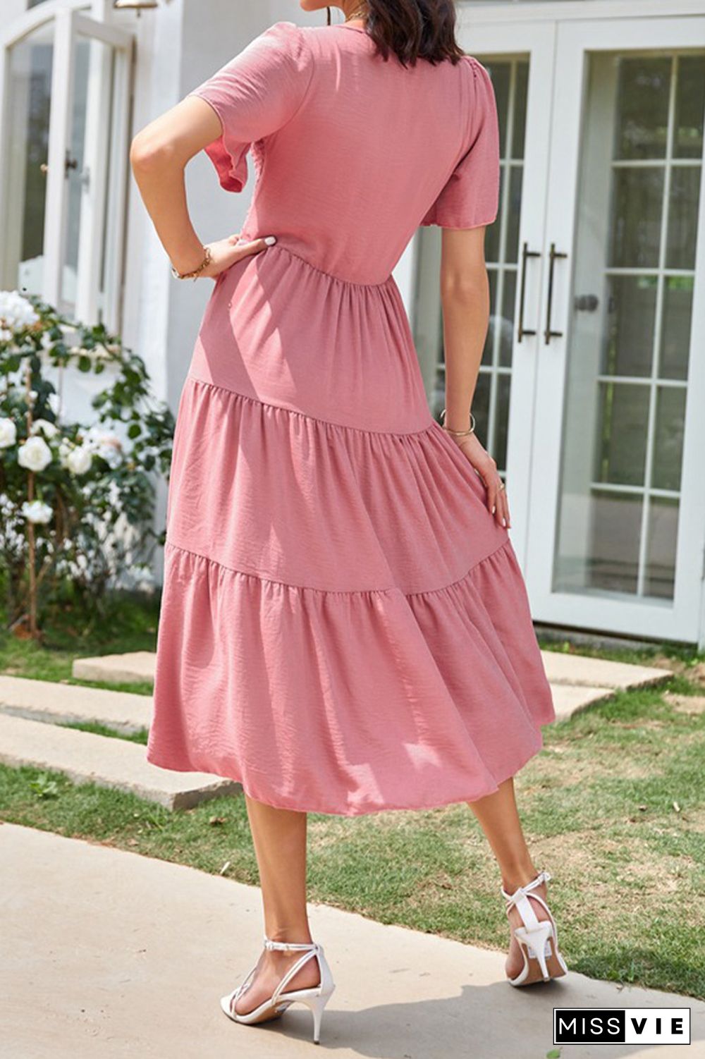 V Neck Smocked Tiered Short Sleeves Dress