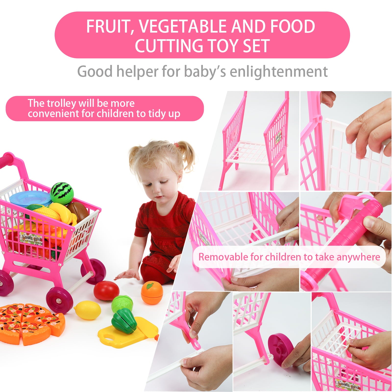 50pcs Pretend Play Food Toys,Plastic Cutting Food Toys for Kids Kitchen Toys Accessories with Storage Shopping Cart,Cutting Pizza Grocery Fruits Vegetable Food Kitchen Toys Family Playset