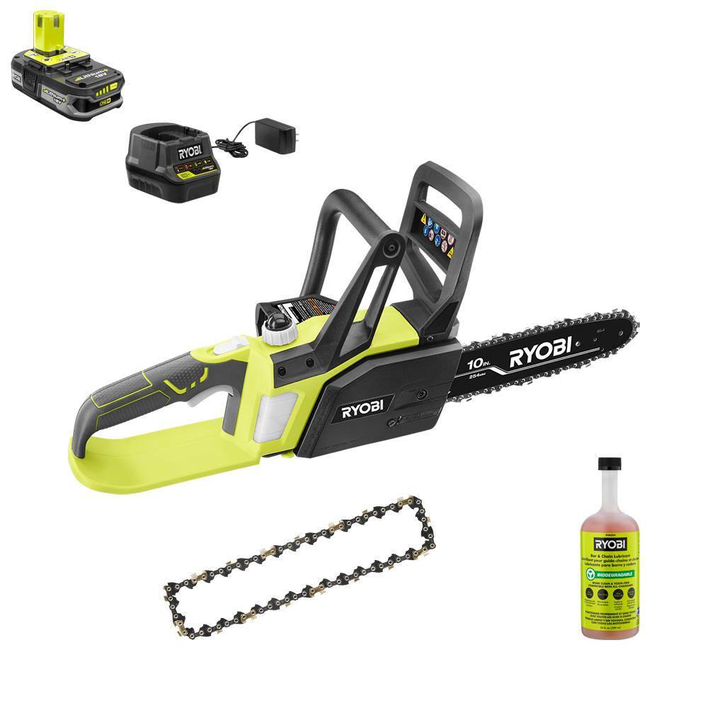 RYOBI ONE 18V 10 in Battery Chainsaw with Extra Chain Biodegradable Bar and Chain Oil 15 Ah Battery and Charger