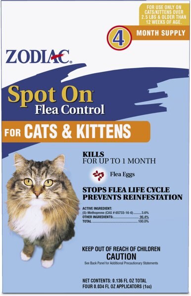 Zodiac Spot On Plus 4-Months Protection Flea Spot Treatment for Cats and Kittens， under 5-lbs， 4 doses