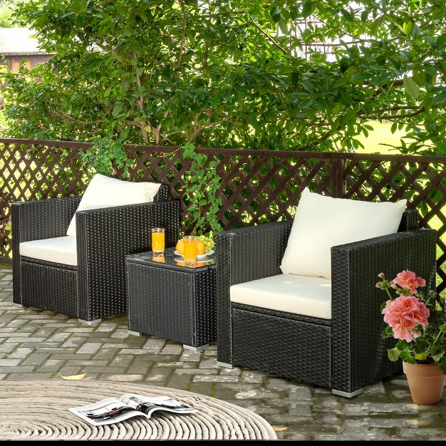 Costway 3pcs Patio Wicker Furniture Set Conversation Rattan Sofa Set W cushion Garden