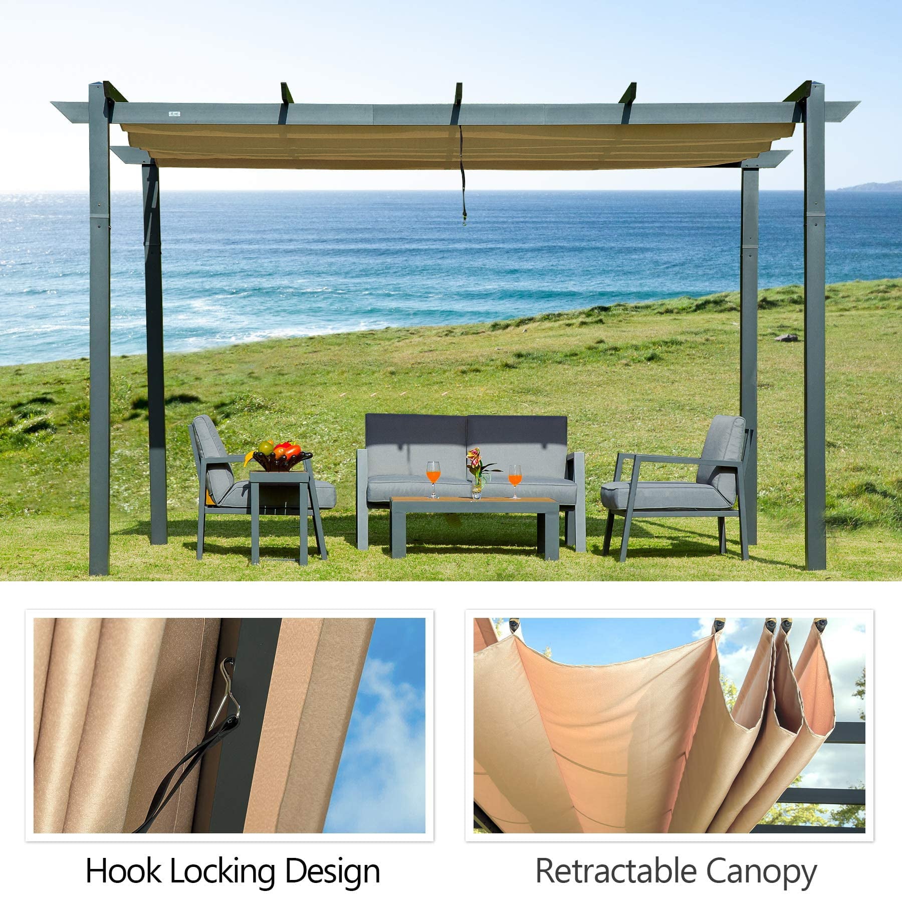 10' x 13' Outdoor Retractable Pergola with Weather-Resistant Canopy Aluminum for Garden, Porch, Gazebo, Grape Trellis Pergol